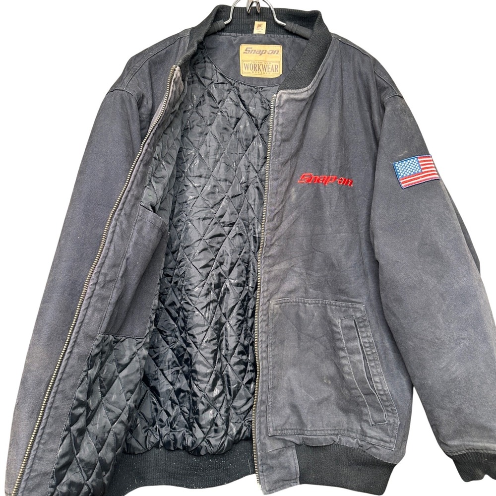 Snap-on Workwear 2X Black Canvas Quilted Bomber Jacket USA Flag Patch Distressed